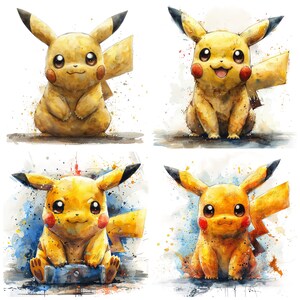 May include: Four watercolor paintings of Pikachu, a popular Pokemon character. Each painting features Pikachu in a different pose, with a yellow body, red cheeks, and a black lightning bolt tail. The paintings are set against a white background with splashes of blue and yellow watercolor.