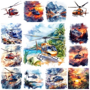 May include: A collection of 10 watercolor paintings featuring helicopters in various settings. The helicopters are depicted in different colors and styles, including red, blue, yellow, and black. Some of the paintings feature scenic landscapes, while others depict the helicopters in action.