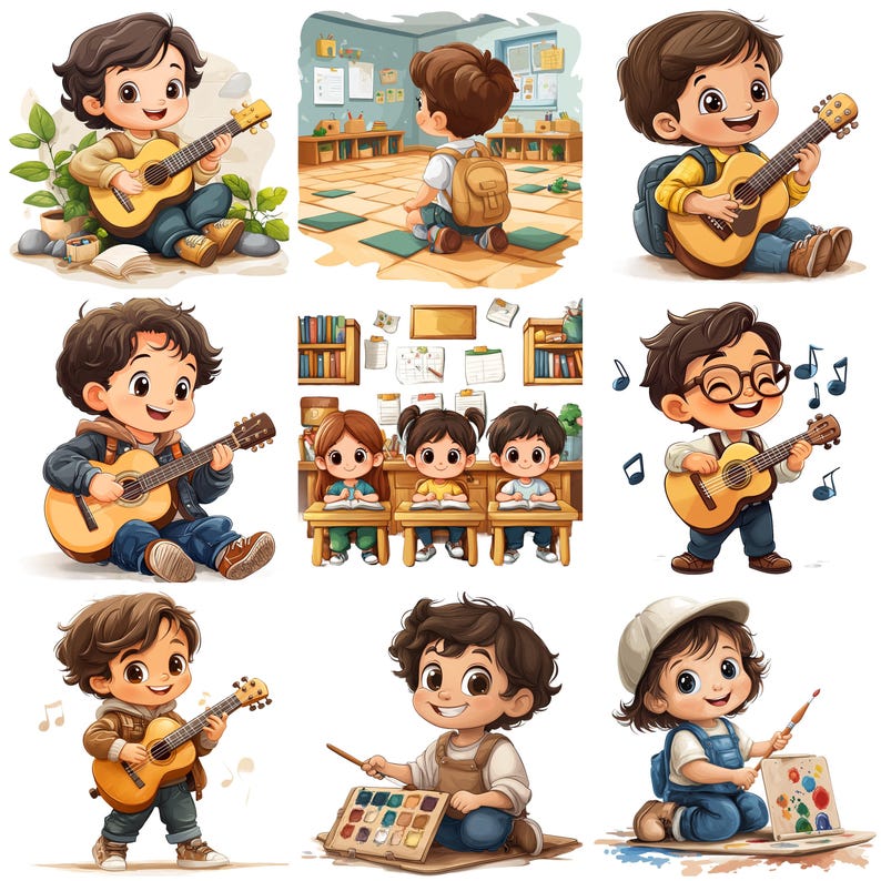 K&ouml;nnte beinhalten: Eine Sammlung von neun Cartoon-Illustrationen, die Kinder bei verschiedenen Aktivit&auml;ten zeigen. Die Bilder zeigen Kinder, die Gitarre spielen, in einem Klassenzimmer sitzen und mit Aquarellfarben malen. Die Farbpalette ist hell und fr&ouml;hlich, mit einem Fokus auf Prim&auml;rfarben.