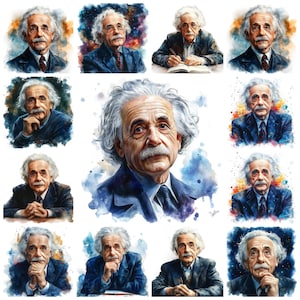 May include: A collage of 12 watercolor paintings featuring a portrait of Albert Einstein. Each painting depicts Einstein with a different expression and background.