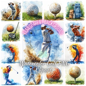 Clipart PNG di golf ad acquerello, 24 immagini di campi da golf e palline da golf, paesaggi di giocatori di golf, attrezzatura da golf, immagini a tema golf, uso commerciale