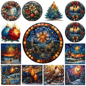 Könnte beinhalten: Eine Sammlung von 12 weihnachtlichen Buntglasmotiven mit verschiedenen Winterszenen, darunter ein Stern, ein Weihnachtsbaum, ein Dorf und ein Kardinal.