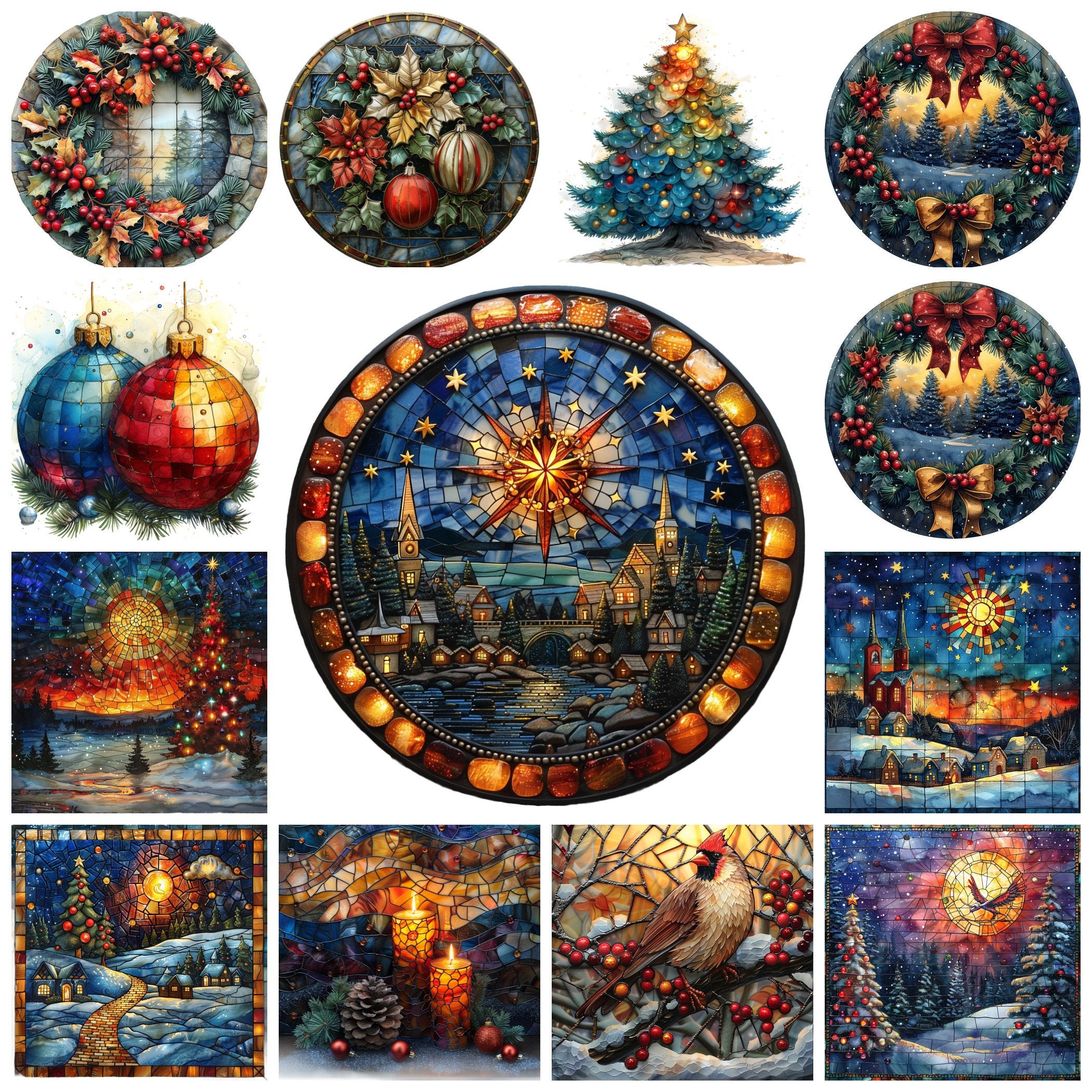 Stained Glass Christmas PNG Clipart, 45 Stained Glass Xmas Landscape Illustration, Stained Festive Scenery Digital Download, Commercial Use