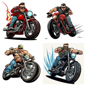 May include: Four illustrations of people riding motorcycles. The first illustration shows a person riding a red motorcycle with a black seat. The second illustration shows a person riding a red motorcycle with a black seat. The third illustration shows a person riding a brown motorcycle with a black seat. The fourth illustration shows a person riding a black motorcycle with a black seat.