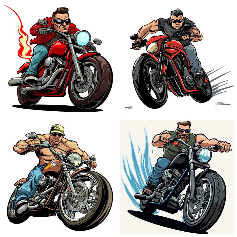May include: Four illustrations of people riding motorcycles. The first illustration shows a person riding a red motorcycle with a black seat. The second illustration shows a person riding a red motorcycle with a black seat. The third illustration shows a person riding a brown motorcycle with a black seat. The fourth illustration shows a person riding a black motorcycle with a black seat.