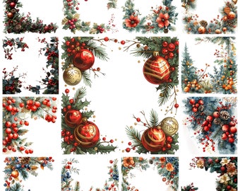 48 Christmas Border PNG Clipart Bundle, Festive Border Illustration, Xmas Wreath Graphics, Noel Border Image, Holiday Border, Commercial Use