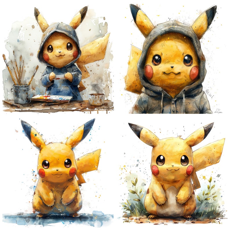 May include: Four watercolor illustrations of Pikachu, a popular Pokemon character. The first image shows Pikachu wearing a blue hooded jacket and holding a paintbrush. The second image shows Pikachu wearing a blue hooded jacket. The third image shows Pikachu standing with its arms crossed. The fourth image shows Pikachu standing with its arms crossed.