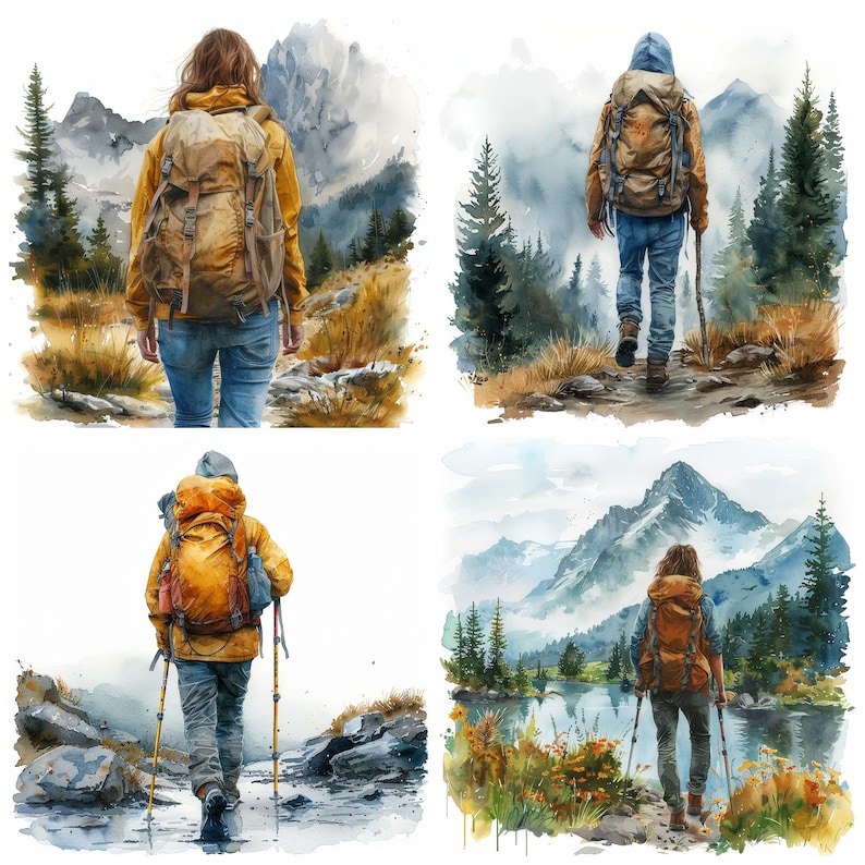 Peut inclure: Quatre aquarelles repr&eacute;sentant des personnes faisant de la randonn&eacute;e dans des paysages montagneux. Chaque personne porte un sac &agrave; dos et des b&acirc;tons de randonn&eacute;e. Les peintures sont dans une palette de couleurs douces avec des nuances de bleu, de vert et de brun.