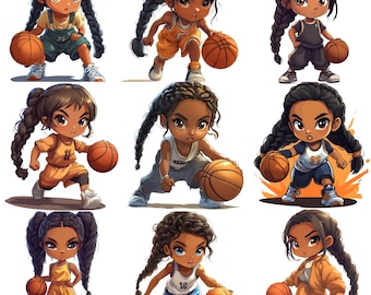 May include: Nine cartoon illustrations of girls playing basketball. Each girl has a different hairstyle and outfit. The girls are all wearing basketball jerseys and shorts. Some of the girls are wearing headbands. The girls are all holding basketballs. The background is white.