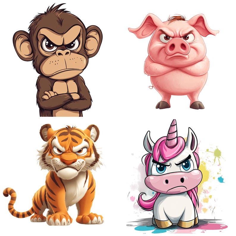 May include: Four cartoon animals with angry expressions. A brown monkey with crossed arms, a pink pig with crossed arms, a brown and orange tiger with a fierce expression, and a white unicorn with a pink mane and horn.