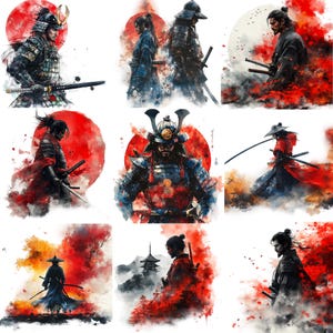 33 imágenes prediseñadas de samuráis PNG, ilustración del legado de los samuráis en acuarela, cultura japonesa, camino Bushido, honor del guerrero samurái, fondo de pantalla digital