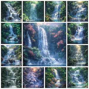 Waterfall Landscape PNG Clipart, Watercolor Tropical Rainforest Scenery Image, Scenic Waterfall View Painting, Nature Cascading Fall Picture