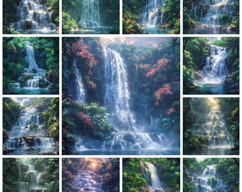 Waterfall Landscape PNG Clipart, Watercolor Tropical Rainforest Scenery Image, Scenic Waterfall View Painting, Nature Cascading Fall Picture
