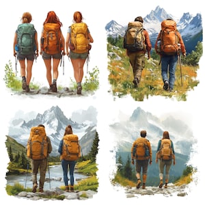 May include: Watercolor illustrations of hikers with backpacks, trekking through mountainous landscapes. The images depict individuals and pairs, showcasing various backpack colors and outdoor attire, with snowy peaks in the background.