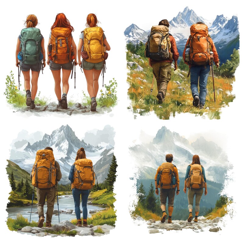 May include: Watercolor illustrations of hikers with backpacks, trekking through mountainous landscapes. The images depict individuals and pairs, showcasing various backpack colors and outdoor attire, with snowy peaks in the background.