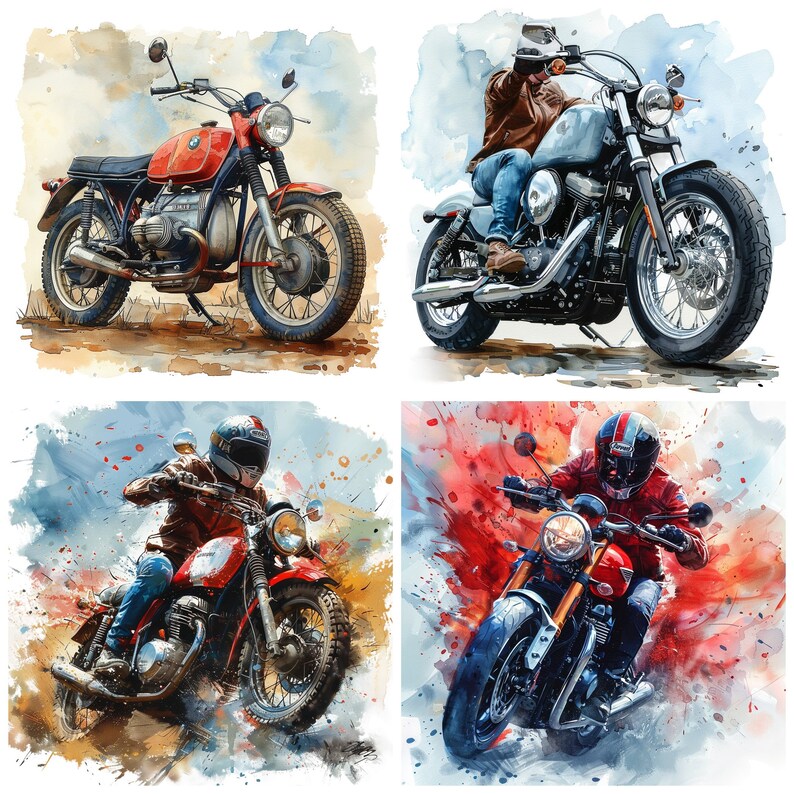 May include: Four watercolor paintings of motorcycles. The first shows a red motorcycle with a black seat and chrome accents. The second shows a blue motorcycle with a black seat and chrome accents. The third shows a red motorcycle with a black seat and chrome accents. The fourth shows a black motorcycle with a black seat and chrome accents.
