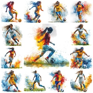Imágenes prediseñadas de jugadora de fútbol femenina PNG, ilustración instantánea de jugadora de fútbol femenina en acuarela de 42 años, imágenes de poses dinámicas de fútbol femenino, uso comercial