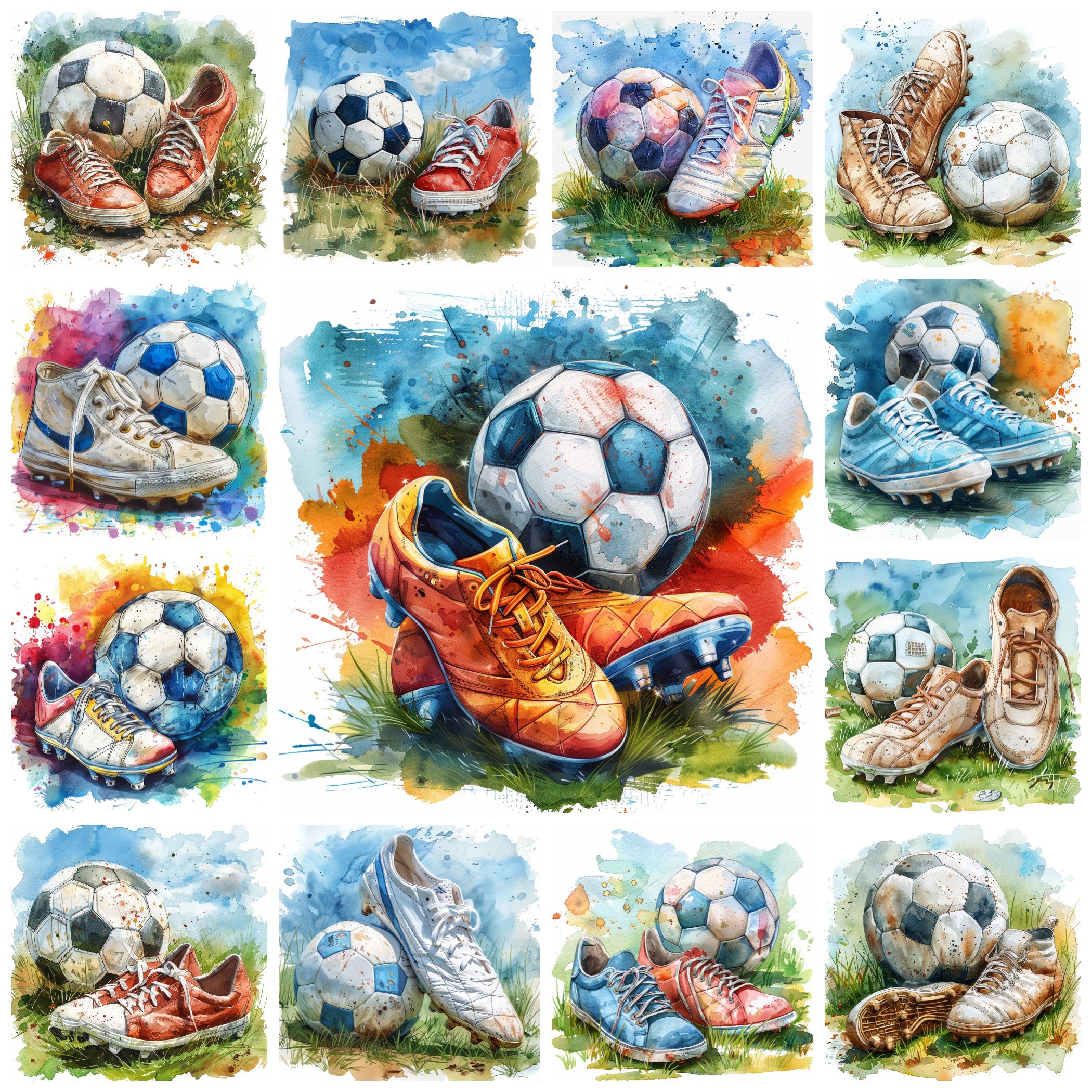 水彩画風サッカーボールとスパイクのクリップアート、PNGイラスト21点