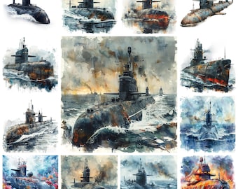 水彩画風戦艦PNGクリップアート、装甲軍艦イラスト（デジタル