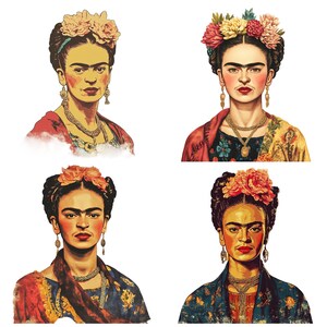 May include: Four digital illustrations of Frida Kahlo, a Mexican painter, with different floral headbands and colorful clothing. Each illustration features a unique floral headband and a different outfit.