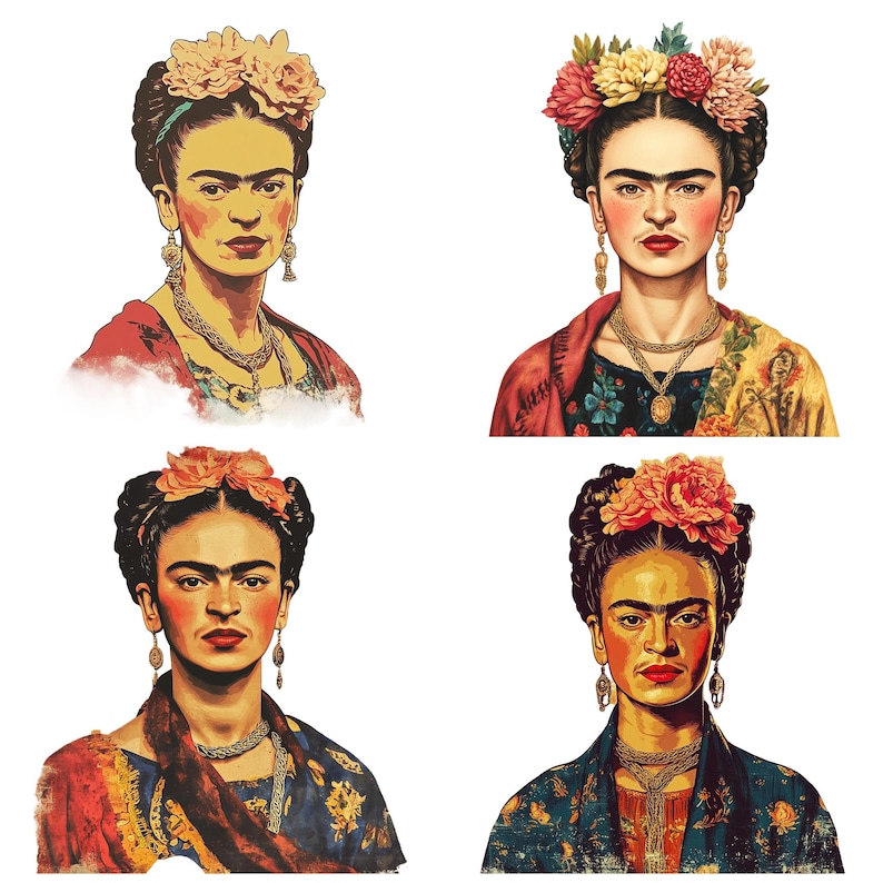 May include: Four digital illustrations of Frida Kahlo, a Mexican painter, with different floral headbands and colorful clothing. Each illustration features a unique floral headband and a different outfit.