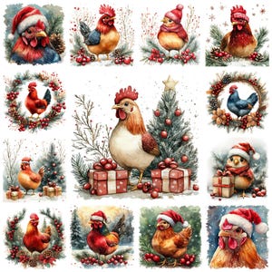 Lot de 32 cliparts PNG Noël poulet, illustration aquarelle de poulet de Noël, pépinière de poulet festif artisanat numérique, scrapbooking, fabrication de cartes