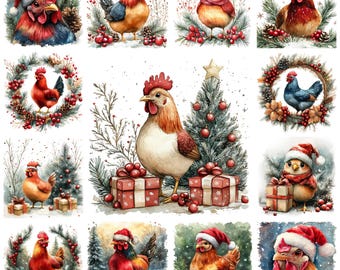 Christmas Chicken Watercolor Clipart Bundle, Festive Illustration (PNG Digital Download)