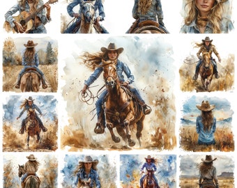 Cowgirl PNG Clipart, Watercolor Western Girl Scenery Illustration, Wild West Cowgirl Images, Rodeo Queen PNG, Ranch Girl, Commercial Use