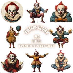 Paquete de 36 imágenes prediseñadas PNG de payasos vintage, ilustración de payaso aterrador retro en acuarela, creación de tarjetas con payasos espeluznantes, manualidades de papel, uso comercial