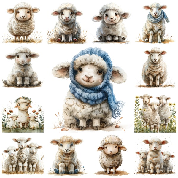 Watercolor 39 Sheep PNG Clipart, Adorable Sheep and Lamb Transparent Illustration, Farm Animal Cute Sheep Scenery Nursery Craft, Card Making