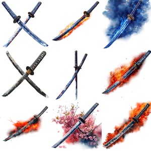 May include: A set of nine digital illustrations featuring various styles of swords with different backgrounds. Some swords are crossed, while others are on fire or surrounded by water.