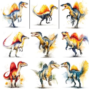 42 Spinosaurus-dinosaurussen PNG-clipartbundel, aquarel Jurassic Park-afbeeldingen, kinderkamerdinosaurus, prehistorische dieren, Mesozoïcummonsters