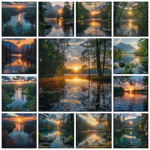 Può includere: Un collage di dieci immagini che mostrano viste panoramiche di laghi e montagne con albe e tramonti riflessi nell'acqua.