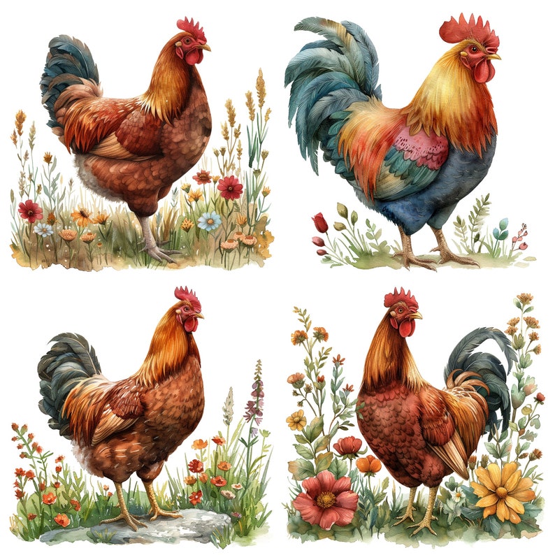 May include: Four watercolor illustrations of roosters with red combs and wattles, brown and red feathers, and blue and green feathers. Each rooster is surrounded by watercolor flowers and greenery.