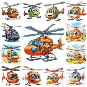 Paquete de 40 imágenes prediseñadas de helicópteros de dibujos animados, imágenes divertidas para hacer tarjetas con helicópteros para guarderías, adorable ilustración de helicópteros, uso comercial
