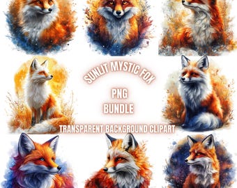 27 Sunlit Mystic Fox PNG Clipart Bundle, Watercolor Mystic Fox Sublimation, Fantasy Fox Illustration, Enchanted Fox Art, Commercial Use