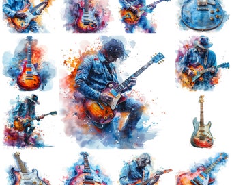 May include: A digital painting of ten watercolor illustrations of people playing electric guitars. The guitars are various colors, including red, blue, green, and brown. The people are wearing casual clothing and are in various poses.