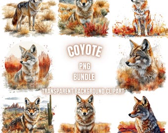 26 American Coyote PNG Clipart Bundle, Watercolor Coyote Wild Life Landscape Illustration, Wild Coyete Scenery Sublimation, Commercial Use