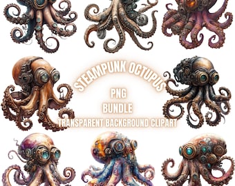 Steampunk Octopus PNG Clipart-bundel, aquarel Victoriaanse mechanische stijl Octopus illustratie Vintage Machinery Art Pack, commercieel gebruik