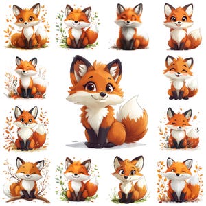 32 niedlicher Fuchs PNG Clipart Bundle, entzückende Cartoon Fuchs Illustration, spielerische Rotfuchs Karte Makin, Papierwesen, Fuchs für Kinder Kunst, kommerzielle Nutzung