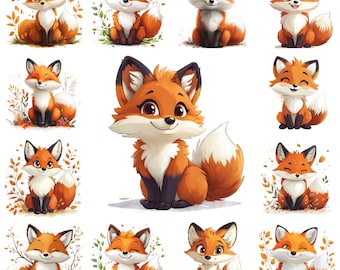 May include: A collection of cartoon foxes in various poses. The foxes have orange fur, white chests, and fluffy white-tipped tails. Some are sitting, others are smiling, and some are surrounded by leaves and branches. The overall theme is cute and whimsical.