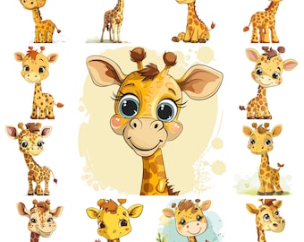 May include: A collection of 12 cartoon giraffes in various poses. The giraffes are all yellow with brown spots and have big, blue eyes. Some of the giraffes are standing, some are sitting, and some are looking at the viewer.