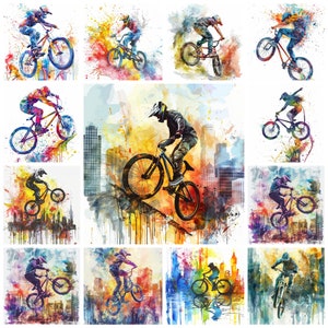 26 Akrobatyka rowerowa PNG Clipart, Akwarela Abstrakcyjne Ekstremalne Wyczyny Freestyle Kolarstwo Krajobraz Obrazy, Wysokie Sztuczki Latające, Wykorzystanie Komercyjne