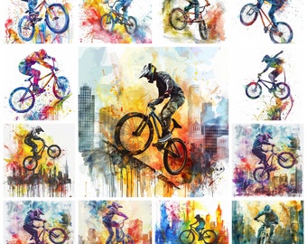 Watercolor Biking Stunts PNG Clipart, Extreme Sports (Digital Download)