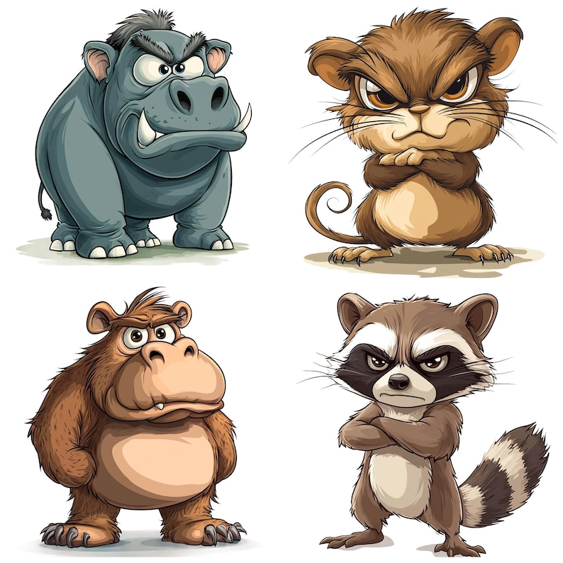 May include: Four cartoon animals with angry expressions. A blue hippopotamus, a brown mouse, a brown monkey, and a gray raccoon.