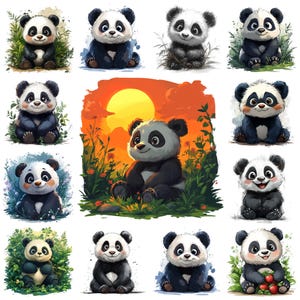 Paquete de 25 imágenes prediseñadas de panda de dibujos animados, adorable ilustración animada de panda, fabricación de tarjetas, manualidades de papel, álbumes de recortes, uso comercial