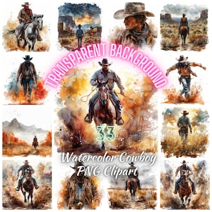 Clipart PNG cowboy, image de paysage de cowboy du Far West 33 aquarelle, paysage thème western homme, cavalier cavalier numérique artisanat PNG, usage Commercial