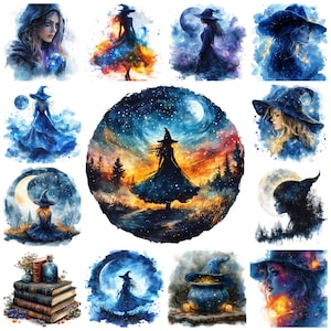 47 hemelse heks png-clipartbundel, aquarel kosmische heks illustratie, afbeeldingen van sterrenheks, maanverlichte mystieke heks, commercieel gebruik png