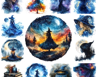 47 Celestial Witch PNG Clipart Bundle, Watercolor Cosmic Witch Illustration, Starry Witch Images, Moonlit Mystic Witch, Commercial Use PNGs