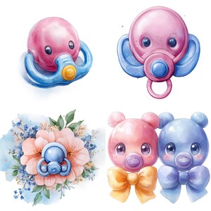 Pacifier PNG Clipart Bundle, Watercolor Cute Baby Shower Illustration ...
